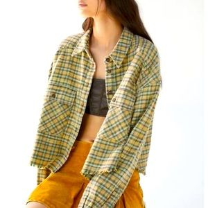 Urban Outfitters BDG Green Plaid Frayed Flannel Shirt Size S Grunge Oversized